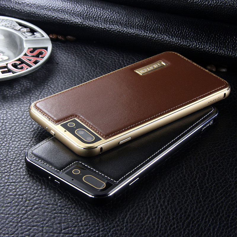 iMatch Luxury Aluminum Metal Bumper Premium Genuine Leather Back Cover Case for Apple iPhone 7 Plus & iPhone 7