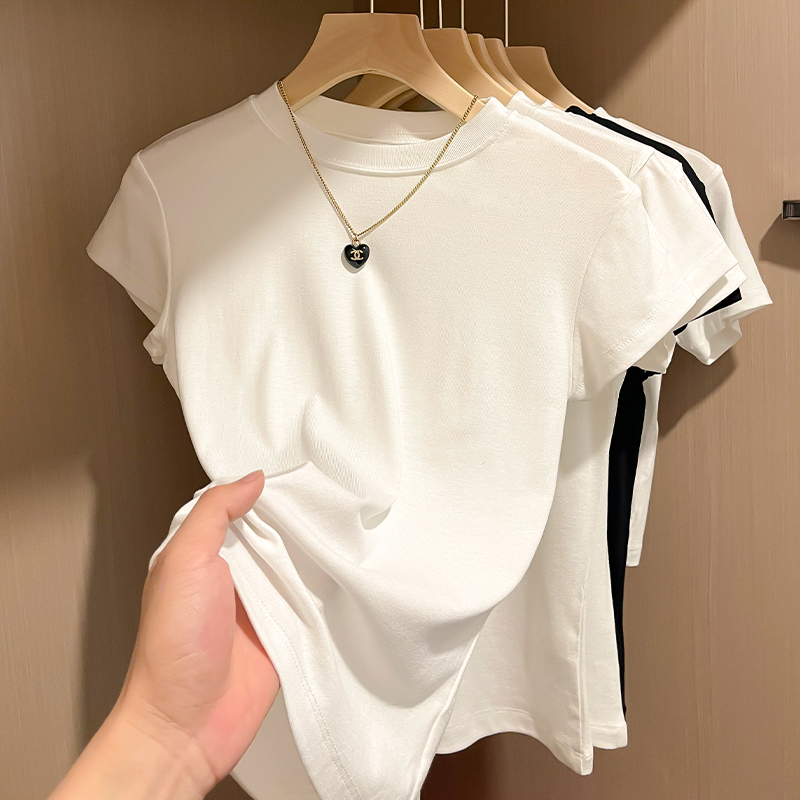 2026 Early Spring New Short-Sleeved T-Shirt for Women, Regular Shoulder, White, Summer Half-High Collar Top, Slim Fit Shirt, Base Layer Shirt 2026 Early Spring New Short-Sleeved T-Shirt for Women, Regular Shoulder, White, Summer Half-High Collar Top, Slim Fit Shirt, Base Layer Shirt