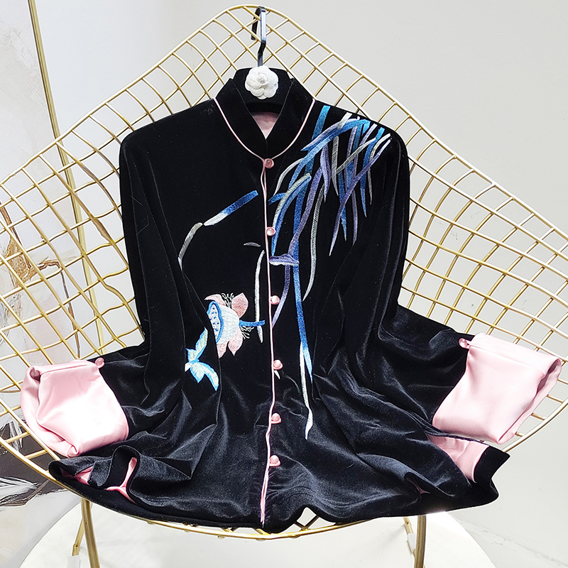 Gold velvet embroidered short style jacket woman middle country wind women's clothing improvement new Chinese collar long sleeve loose large size with large size