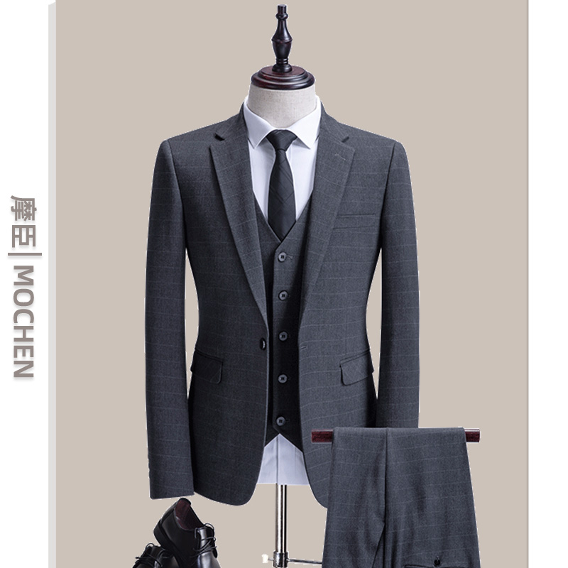 Groom's suit suit men's three sets of business elastic body gown authentic dress checkered wedding suit wedding suit