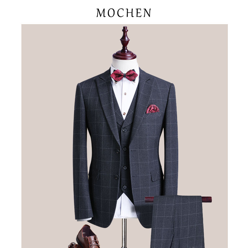 Groom's suit suit men's three sets wedding wedding gown business casual positive dress Inn style plaid suit