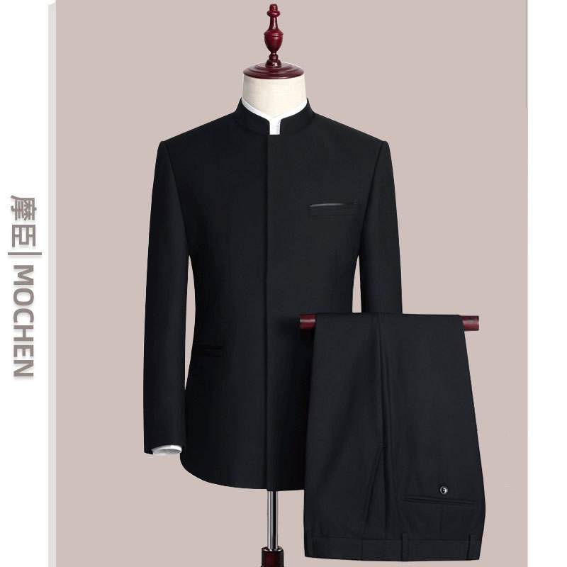 Men's Zhongshan Suit Set for Young Men, Slim-Fit Tang Suit, Hanfu, Chinese-Style Stand Collar, Wedding Groomsman and Groom Formal Wear for Spring and Autumn