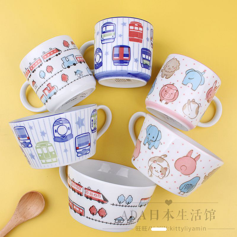 Japan Imported Children's Ceramic Mark Cup Cartoon Soup Bowl Japan Style Breakfast Cereal Cup glass with handle cup
