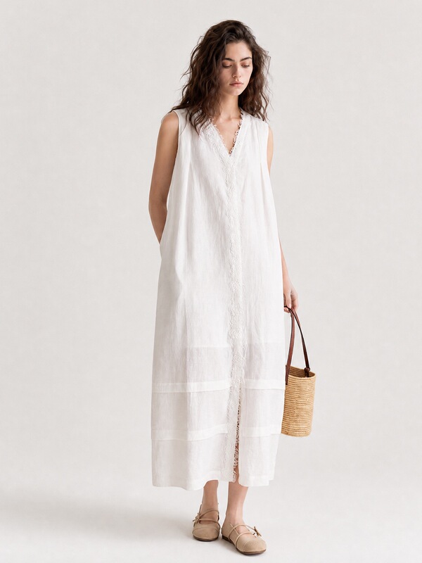 100% Linen Sleeveless Dress for Women, Heavy Lace V-Neck, Loose Long Style, Vacation Style, Mid-Length A-Line Skirt
