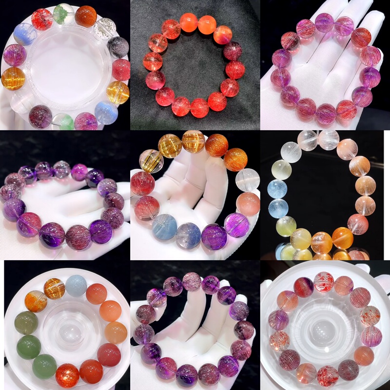Natural Multi-Gemstone Purple-Red Super Seven Rabbit Hair Bracelet Birthday Gift Unisex Jewelry