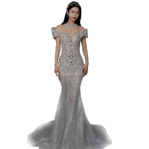 Fishtail light wedding dress bride 2024 new main yarn fugitive princess French style going out yarn heavy industry one-shoulder dress