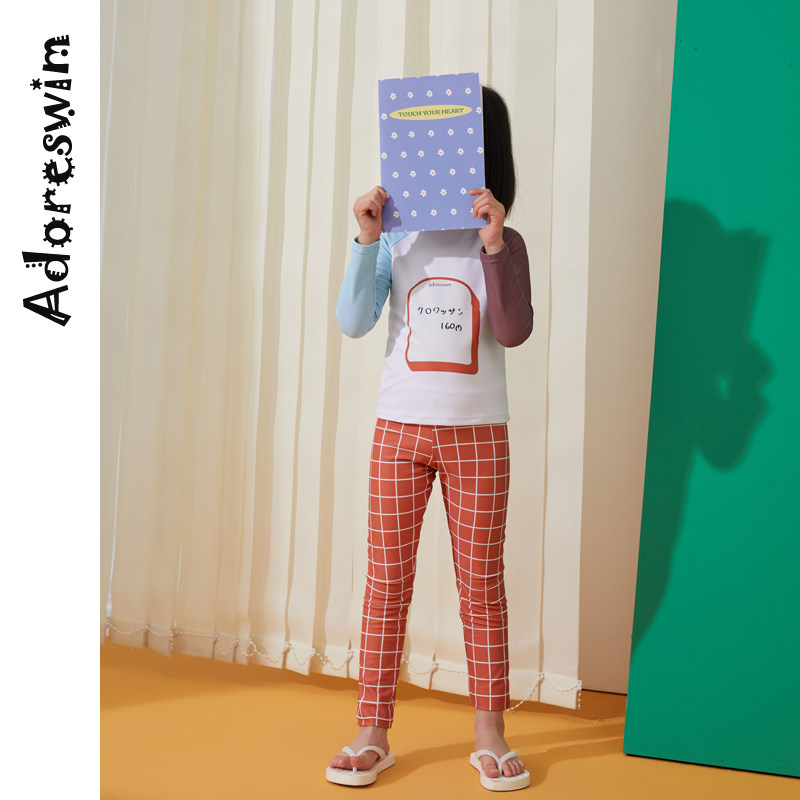 Adol's new children's swimsuit middle and small children's split baby long-sleeved trousers hit color sunscreen cute girls swimsuit