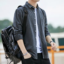 Tide brand summer mens solid color brushed shirt loose casual top youth Korean cotton shirt long sleeve large size