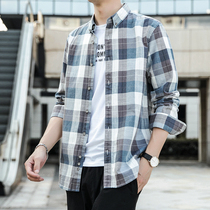 Europe station 2021 summer mens Korean slim plaid shirt pure cotton casual inch shirt Loose shirt mens long sleeve