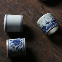 Hand-painted antique blue and white cover set Jingdezhen ceramic pure hand-made tea with winding branches and double-line waves retro pot cover holder