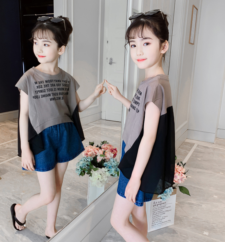 Bộ đồ bé gái mùa hè 2019 phiên bản mới của Hàn Quốc quần áo nữ trẻ em trẻ em lớn trẻ em thời trang ngắn tay hai mảnh khí ngoại - Phù hợp với trẻ em áo trẻ em