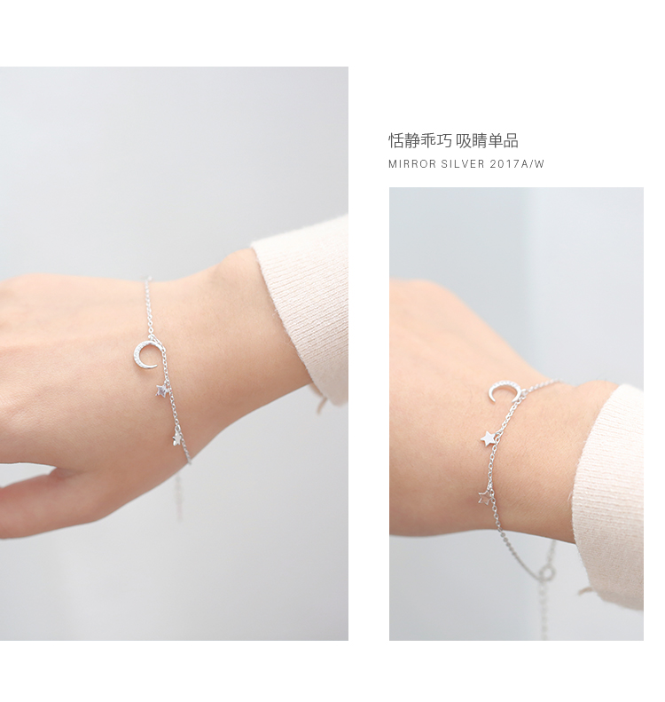 月亮 麋 人 闪 钻 弯弯 月亮 Mini Sao Tua Mặt Dây Chuyền S925 Sterling Silver Bracelet Trang Sức Quà Tặng Nhật Bản và Hàn Quốc Nữ