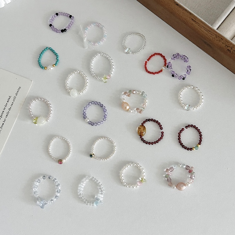 Original Handmade Beaded Ring Dopamine Colorful Beaded Flower Fresh Style Claw-Set Zircon Fresh Style Pearl Ring