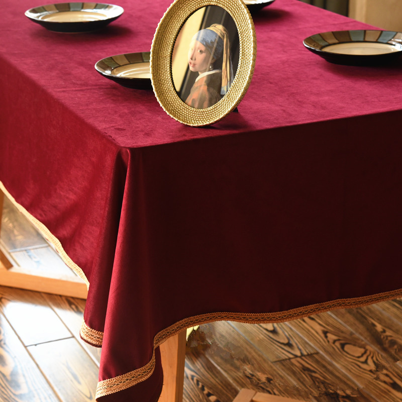 Red American tablecloth Light luxury style Gold velvet cloth tablecloth Dinner cloth lace Retro French thickened coffee table cloth
