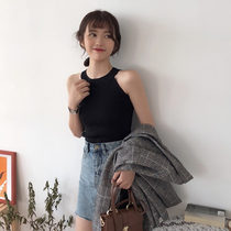 Korean version of small camisole vest women knitted outside the tide inside with bottomed short sleeveless black shoulder neck jacket summer