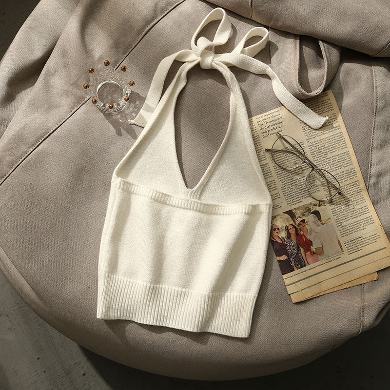 American small harnesses spicy girl knit hanging neck vest female inner lap strap Summer outside wearing sexy beauty back short blouse