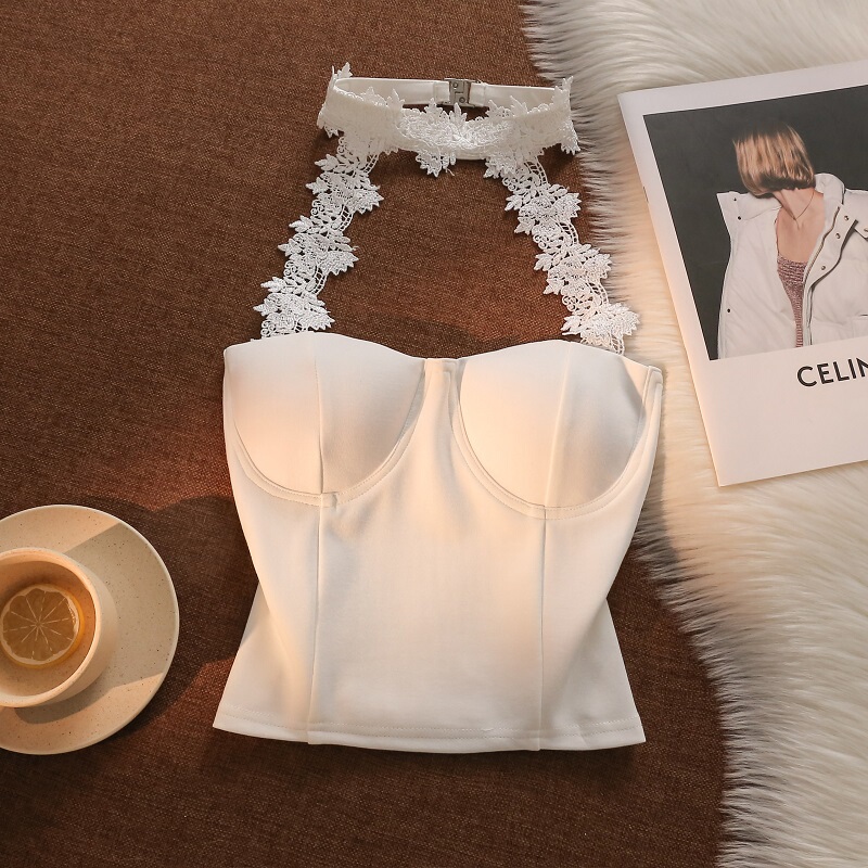 French-Style White Halter Top with Straps, High-End Tube Top, Sweet and Spicy Girl Bra, Sexy Padded Slim-Fit Lace Tank Top for Women