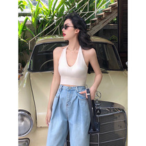 Fan-style hanging-neck harness small vest woman outside wearing inner hitch bottom-shirt with back burst net red and shoulder sexy blouse