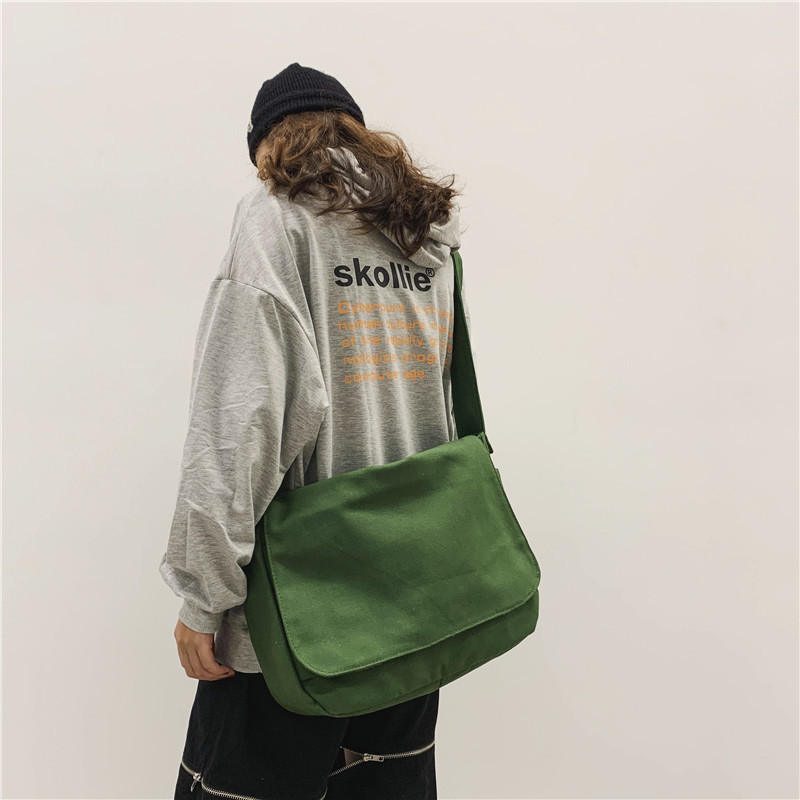 Solid Color Large-Capacity Canvas Crossbody Bag Student School Bag Korean Style New ins Simple Bag Fabric Bag Large