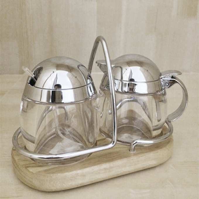 Sauce Bottle Suit Seasoned Box Acrylic Plastic Oil Jug Salt Tank Oak Wood Base Vinegar Soy Sauce Sauce sauce Toothpick Holder