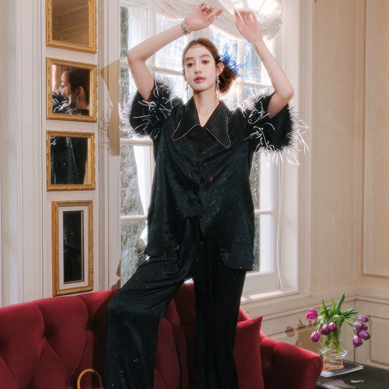 Original Detachable Ostrich Feather Soft Sequin Breast Pad Pajamas Two-Piece Set Imitation Silk Ice Silk Home Wear Satin Set