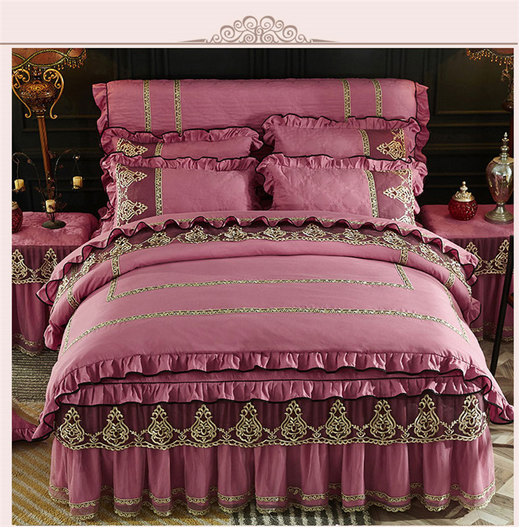 Chải mùa thu và mùa đông châu Âu bông giường váy sợi denim ren bedspread chúa mô hình bộ đồ giường ấm áp - Bộ đồ giường bốn mảnh bộ chăn ga gối cotton