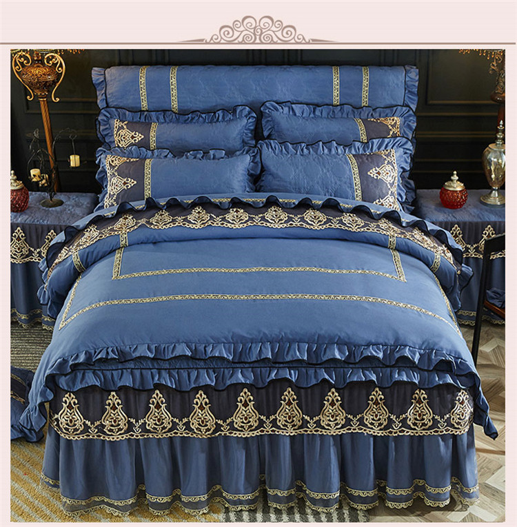 Chải mùa thu và mùa đông châu Âu bông giường váy sợi denim ren bedspread chúa mô hình bộ đồ giường ấm áp - Bộ đồ giường bốn mảnh bộ chăn ga gối cotton