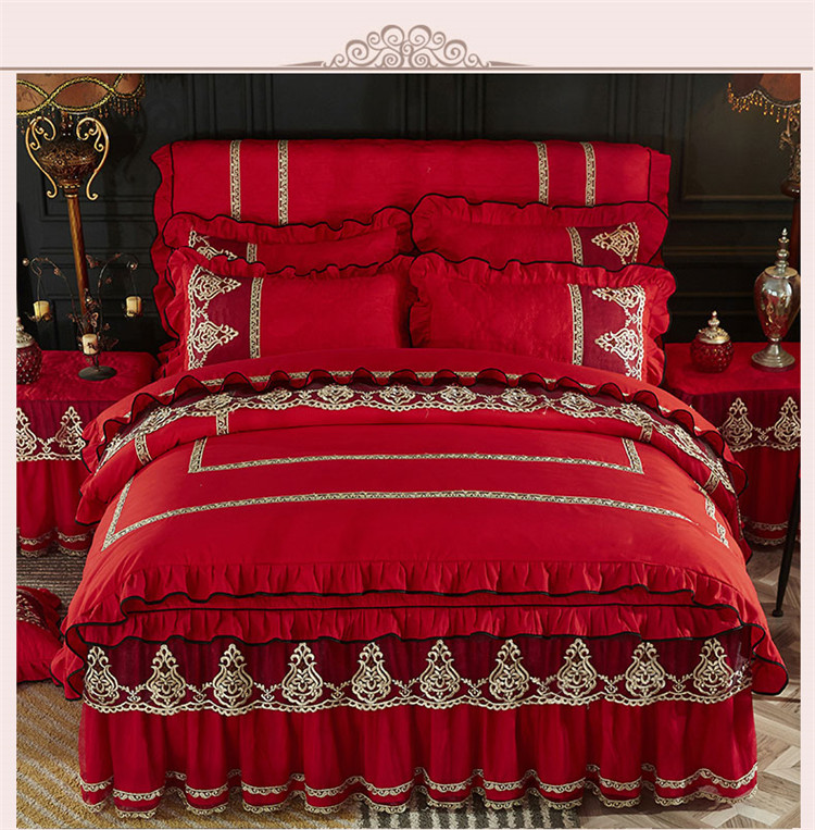 Chải mùa thu và mùa đông châu Âu bông giường váy sợi denim ren bedspread chúa mô hình bộ đồ giường ấm áp - Bộ đồ giường bốn mảnh bộ chăn ga gối cotton