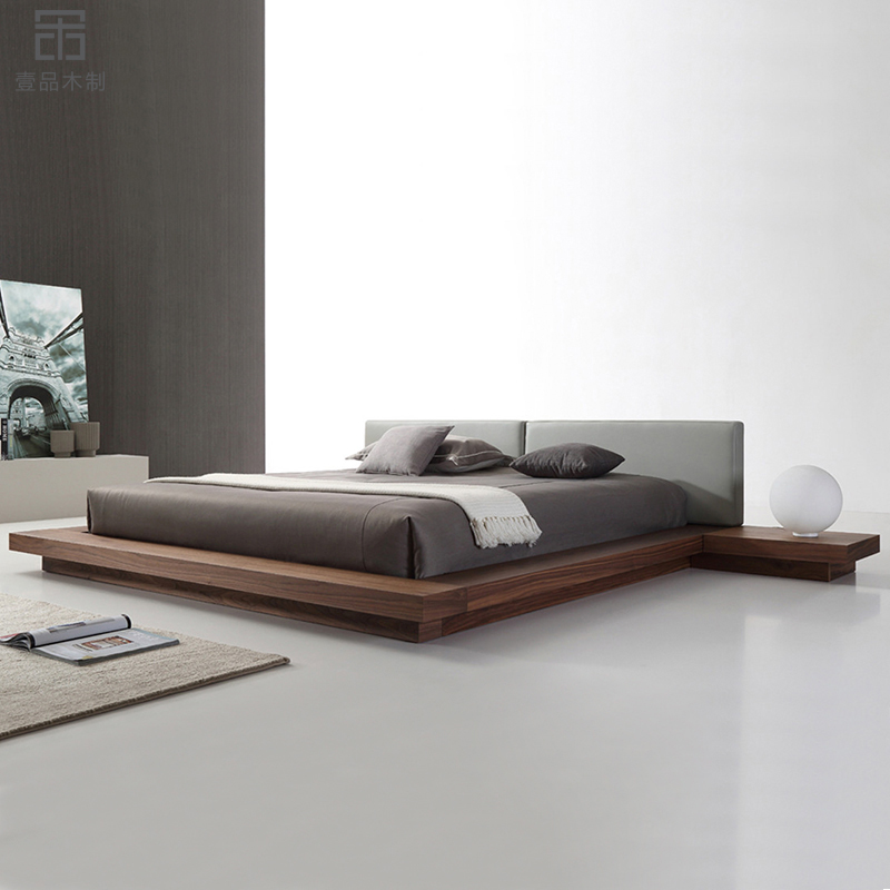 Nordic tatami bed simple Japanese floor-to-ceiling bed black walnut floor bed bedroom soft back double bed