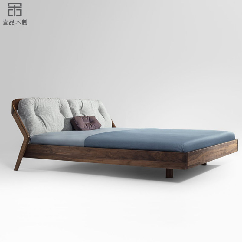 Nordic solid wood light luxury black walnut bed modern minimalist 1 meter 8 double bed Japanese master bedroom low bed can be customized