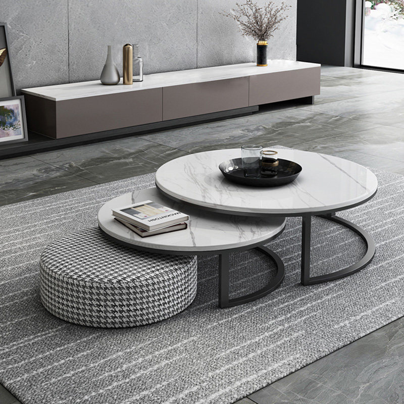 Nordic Rockboard Round Tea Table Modern Minima Light Extravagant folding telescopic size family type Living room TV cabinet Composition