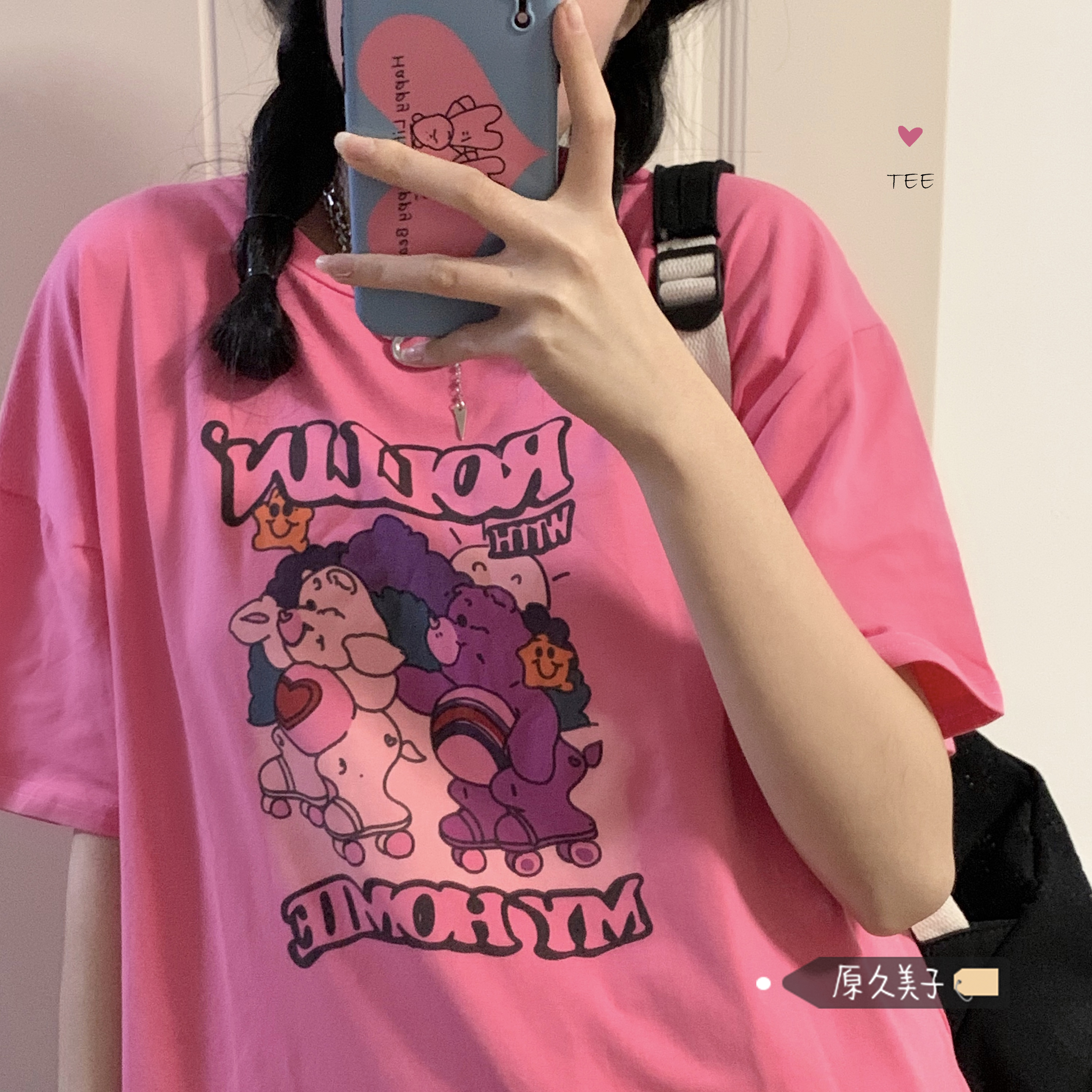 Kumiko Hara summer sweet rose pink TEE~Korean vitality girl fun cartoon printed short-sleeved T-shirt