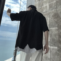 (VERA KANE) Korean casual fake two-piece stripe splicing design loose half-sleeve suit jacket trendy man