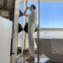 (VERA MENS)Korea ins solid color short-sleeved knitted loose casual two-piece mens trendy sports suit men