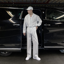 (VERA KANE) Korean ins striped lazy wind long sleeve shirt straight pants two-piece set Joker trendsetter
