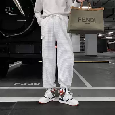 (VERA KANE) South Korea ins loose bombing Street tide Joker Plaid casual pure color bunch foot sports thick cotton pants men