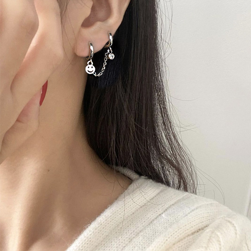 Happy smiling face ear buckle Personality Even Body Double Earrings Earrings 925 Pure Silver Temperament Integrated Ear Pendant Women's Ear Ring