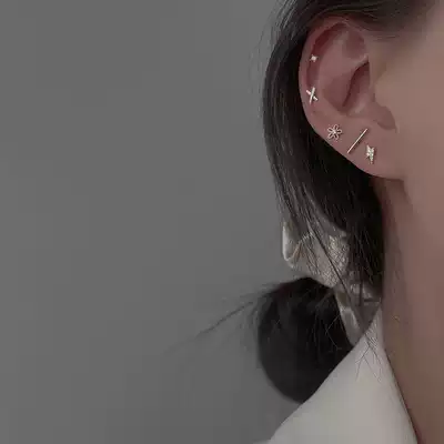 Five-piece set of ear hole ear needle through body 925 sterling silver simple Female small flower ear bone nail 2021 New