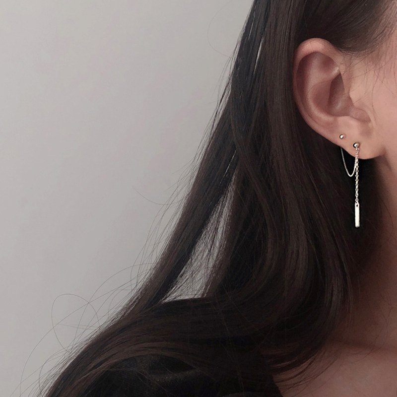 Korean version of two pierced ear earrings pendant simple 925 sterling silver vertical stripe drop earrings personality earrings temperament earrings for women