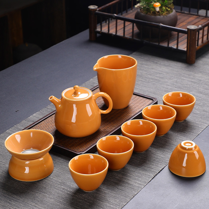 Ceramics New Qigong Fu Tea Suit Honey Color Glazed Cover Bowl Tea Pot Official Kiln Gift Box Packaging Filter Mesh Customized-Taobao