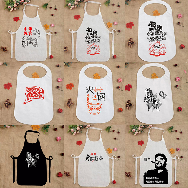 Thickened white minimalist disposable unwoven cloth apron with hot pot lobster outside for commercial customised print LOGO