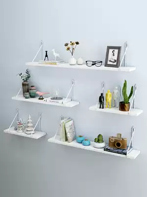 Punch-free wall shelf Nordic Wall wooden shelf TV background wall machine upper box hanging wall decoration partition