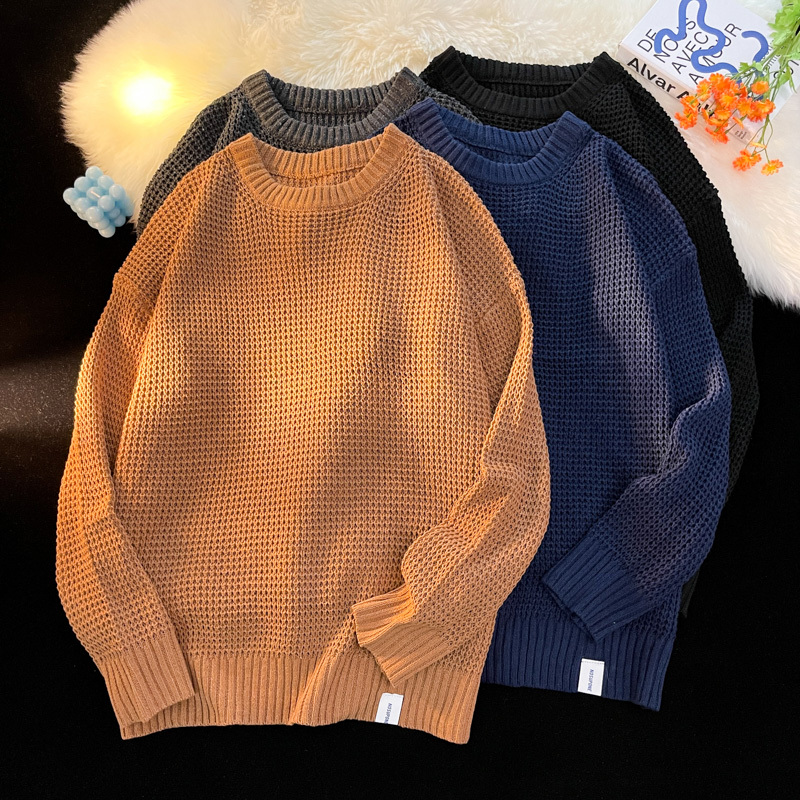 Hong Kong Style Solid Color Knit Sweater, Round Neck Sweater for Men and Women, Loose and Thickened for Winter, Couple Pullover, Warm Outerwear, Bf Style