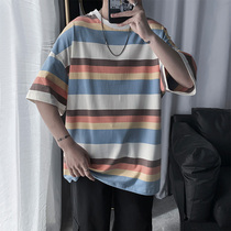 Summer Hong Kong style striped short-sleeved T-shirt mens loose trend ins couple super hot half-sleeved t-shirt bottoming shirt clothes