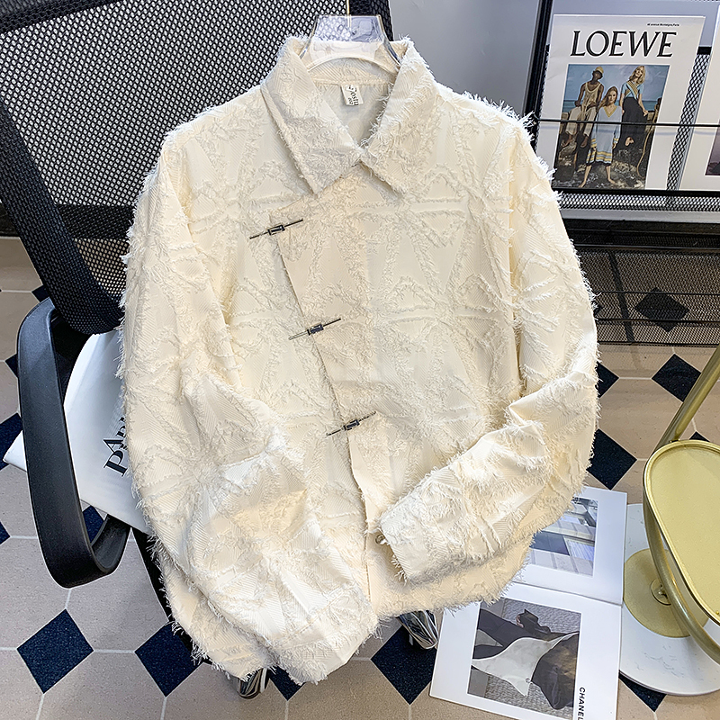 Spring Metal Buckle Tassel Frayed Long-Sleeve Shirt for Men and Women, Chanel-Style Design, Loose and Drapey Shirt Jacket