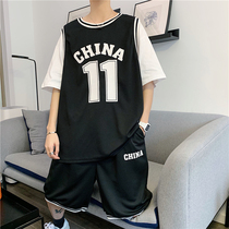 Summer tide brand ins fake two-piece short-sleeved t-shirt casual sports mens basketball handsome shorts hip-hop jersey suit
