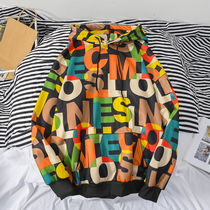 Autumn and winter trend new mens ins letter print Contrast hooded plus velvet sweater youth Hip Hop Top
