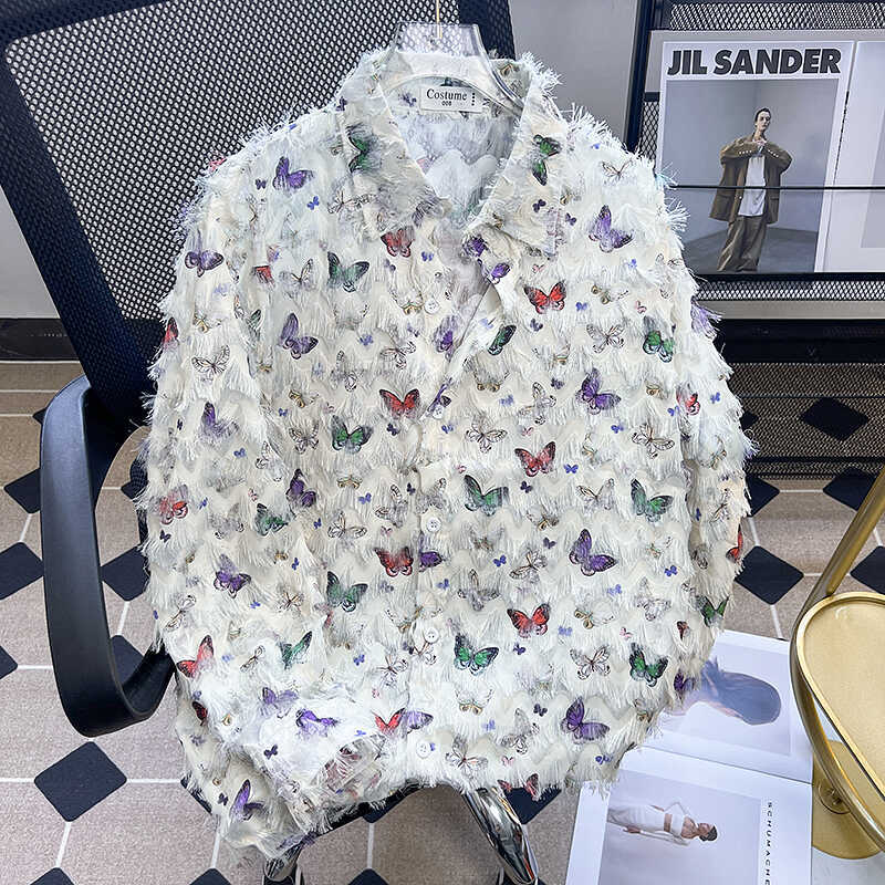 Spring and Summer New Niche Three-Dimensional Butterfly Fringed Design Long-Sleeved Shirt for Men and Women, Sun-Protective Shirt Jacket Trendy