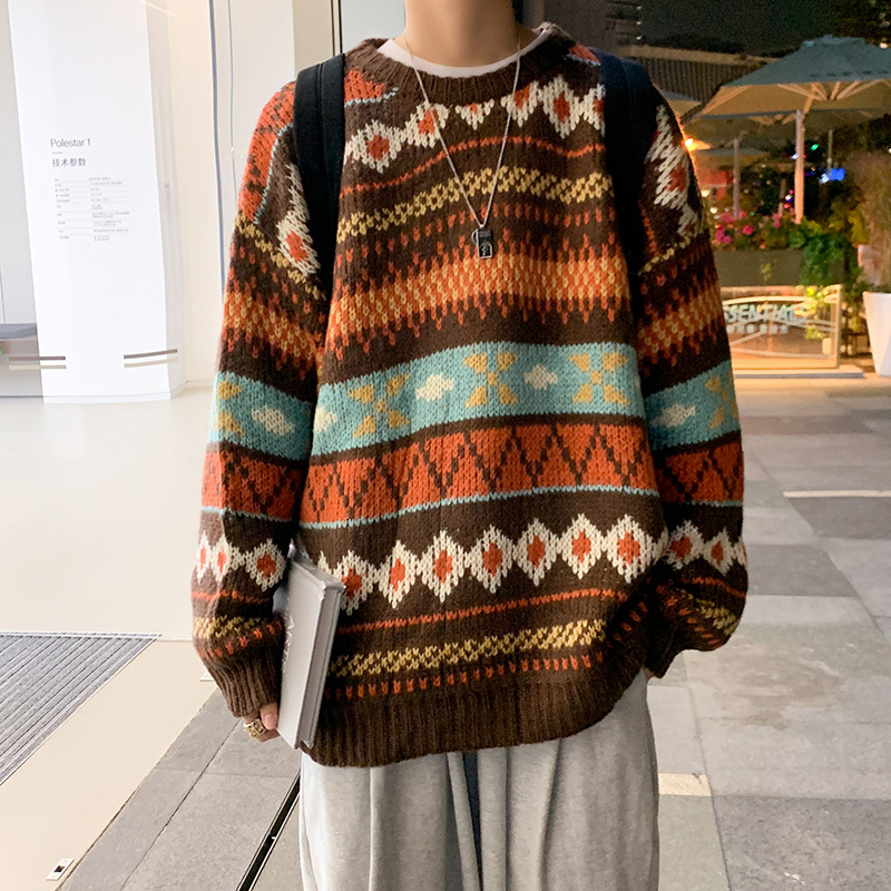 Autumn and Winter Ethnic Style Retro Japanese Round Neck Pullover Sweater Bf Youth Trendy Brand Warm Loose Couple Knitwear