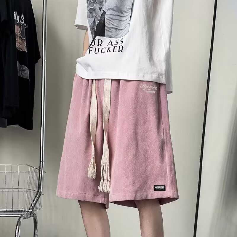 High Street Embroidered Corduroy Sports Casual Shorts for Men, Thin, Loose, Wide-Leg, Woven Drawstring Workwear Five-Point Shorts